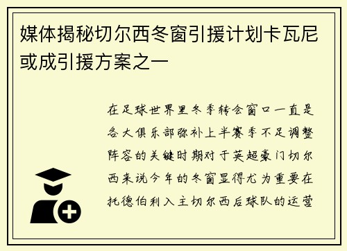 媒体揭秘切尔西冬窗引援计划卡瓦尼或成引援方案之一